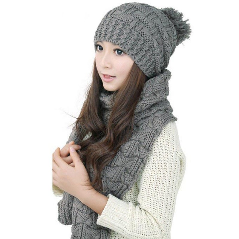 HANERDUN Women Girls Fashion Winter Warm Knitted Hat Beanie Hat Scarf Set Dark Gray - Image 1